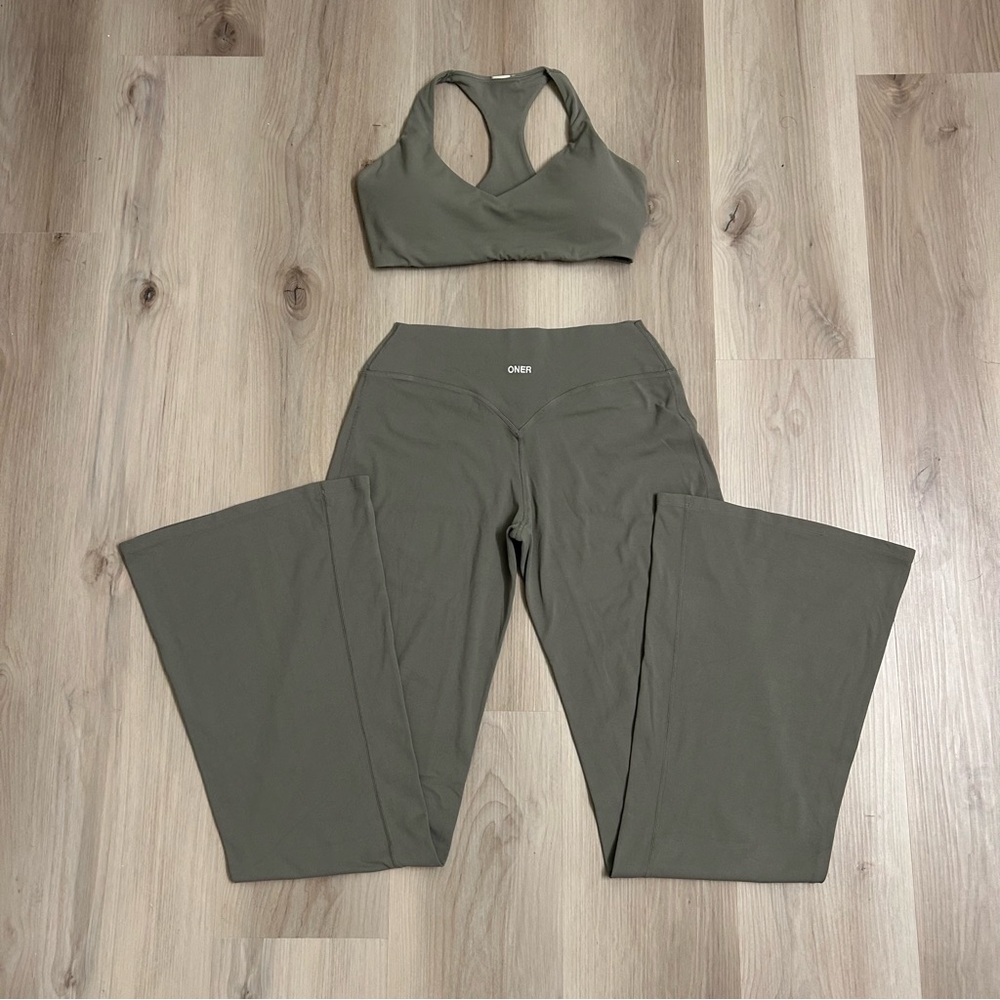Oner Active Olive Green Boot Cut Yoga Pants and Oner sports bra